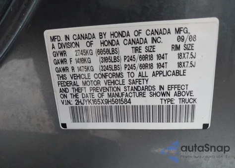 2009 Honda Ridgeline Rtl z USA, uszkodzony, nr VIN 2HJYK165X9H501584